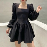 Elegant Chic Square Neck Vintage Puff Sleeve Black Women Mini Dress French Sexy Casual Party StreetWear New Year