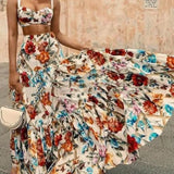 Print Casual Two Piece Set Skirt V-neck Bra High Waist Pleated Long Skirt Elegant Suit Summer Beach Holiday Women