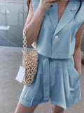 Elegant sleeveless shoulder pad blue two piece sets women High waist pocket wide-leg short suits Casual summer work
