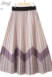Spring Summer Fashion Midi Long Pleated Skirt Women Striped Print Elegant Chic Casual High Waist A Line Skirts