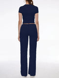 Short Sleeve Cropped Top Straight Leg Pants Set- Outfit
