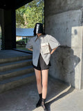 Summer 2022 Womens Fashion Striped Puff Sleeve Short Sleeve Shirt Pocket Blue Korean Fashion Blouse Designer