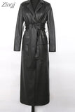 Autumn Extra Long Green Leather Trench Coat for Women Long Sleeve Sashes Single Breasted Maxi Overcoat 2023