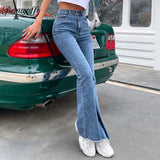 Button Fly Women's Raw Hem Flare Jeans Autumn Fashion Woman Denim Pants Jean Femme High Waist Full Length Slim