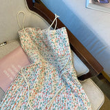 Sling Floral Mini Dress Summer Vintage Casual Slash Neck Sleeveless Flower Print Pleated Strap Dress Party Beach