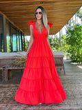 Women V Neck One Piece Dress Strappy Backless Bow Beachwear Women Party Dresses Casual Summer Clothing Fashion Long