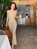 Women Sexy Sequin Strap Dresses 2025 Spring Summer Elegant Vintage Party Club Dress Korean Fashion One Piece Clothes 211-0-Outfit