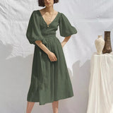 Fashion Cotton Linen Summer Women Dress Yellow Casual Puff Sleeve V-Neck Bandage Holiday Beach Party