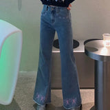 Butterfly Embroidery Flare Denim Pants Women High Waist Vintage Jeans Korean Fashion Clothes Female Bell Bottom