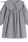 Spring New Women One Piece Dress Female Lantern Sleeve Peter Pan Collar Vintage Sweet Elegant High Waist A-line Mini
