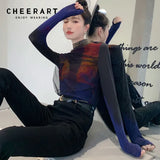 Designer Mesh Patchwork Long Sleeve Tees T Shirt Women Aesthetic Clothes Trendy Fashion High Neck Top Autumn