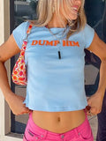 Cute 2000s Aesthetics Letter Print Blue Baby Tees Y2K Streetwear O-neck Short Sleeve Crop Tops Women Fashion 2022