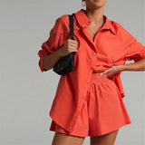 Tracksuits Shirt With Mini Shorts Cotton Two Pieces Sets Fashion Clothing Outfits Women Blouses Fashion