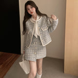 Fashion 2021 Autumn 2 Pieces Set Elegant Vintage Plaid Tweed Long Sleeve Jackets Coat + Irregular A-Line Mini Skirts
