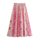 Print Long Skirts For Women Fashion 2023 Pink Floral Skirt Woman Fashion High Waist Midi Skirt Sets Pleated Summer