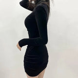 dresses Pure Color Velvet High Neck Bodycon Slim Bottoming Shirt Fall Fashion Elegant Casual Drawstring Female Mini