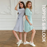 Summer Short Sleeve Shirts Dress Polka Dot Printing Dress Woman v-neck Lace Up Belt vestido