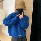 Zingj Autumn And Winter New Korean Retro Standing Collar Single Row Button Sweater Women's Small Short Knit Cardigan-Outfit