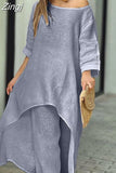 Cotton Linen Long Blouse Korean Fashion Wide Leg Pant Two-piece Set Irregular Women Casual Suit Loose Femme Outfit