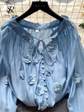 Senior Embroider Loose Blouse Lace Up Bow V Neck Single Breasted Cardigan Long Puff Sleeves Women Gentle Solid