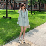 Sets Women 3 Pieces Summer Solid Lace V-neck Top Summer Outfit Empire Clothes Oversize Double Breasted Blazer Korean