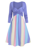 New Fashion Women's Clothing Casual Rainbow Stripe Print Long Sleeve Criss-cross Dress A Line Midi Daily Spring