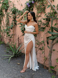 Summer Prom Dress Women'S Sling Sleeveless Solid Color Dress One Word Neck Slim Fit Open Back Slit Red Sexy
