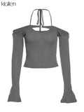 Fashion Elegant Women T-Shirts Solid Knit Slim Stretch Halter Flare Sleeve Two Piece Top Female Streetwear Sweet