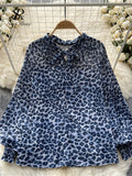 Korean Print Chiffon Shirt Bow Neck Long Sleeves Loose Leopard Top Casual Paisley Vintage Floral Blouse Spring