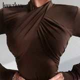 Women Autumn Winter Long Sleeve Soild Color Brown Bodycon Slim Bodysuit Romper Playsuit 2020 Fall Clothes