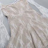 White Square Neck Lace Mesh Long Sleeve Mini Dress-Outfit