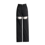 Style Autumn 2025 New Middle Waist Long Straight Cylinder Set Diamond Hollow Out Design Women's Solid Color