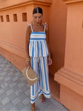 Zingj Women Colorful Striped O Neck Flying Sleeves Cropped Top Suit Fashion High Waisted Pockets Pants Set Elegant Lady Commute Outfit 211-0-Outfit