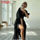 Sexy Pink Women's Summer Dress 2022 Bodycon Puff Sleeve Lace-up Midi Dress Ladies Elegant Chic Slit Cotton Party