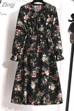 Women Shirt Dress Casual Spring Autumn Vintage Floral Print Bow Long Sleeve Elegant Office A-line Midi Dress