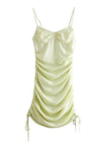 Women Fashion With Tied Pleated Satin Mini Dress Vintage Backless Zipper Adjustable Thin Straps Female Dresses