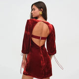 Velvet Square Neck Puff Long Sleeve Mini Dress- Outfit