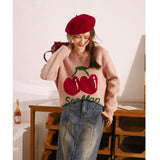 Women's Pink Cherry Sweater 2022 Autumn Winter Korean Color Contrast O-Neck Sweet Soft Warm Wool Knitted Tops