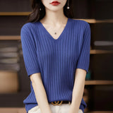 Zingj The Summer Of 2023, Women's Knit Short Sleeve Korean V-Neck Solid Color T-Shirt And A Pit Top-Outfit