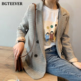 Vintage Loose Double Breasted Women Plaid Blazer Notched Collar Long Sleeve Female Suit Jacket 2020 Autumn Outwear