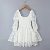 White Lace Long Sleeve Square Collar Mini Dress-Outfit