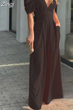 New Women Jumpsuit Puff Short Sleeve V Neck Backless Nipped Waist Loose Wide Legs Casual Pants Romper High