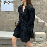 Striped Print Loose Long Blazer Jacket+Wide Leg Shorts Suits Outfits Korean Fashion Lazy Chic Casual Vintage Two Piece