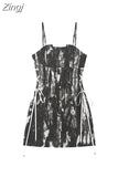 Summer Sexy Women Vintage Tie-Dyed Spaghetti Strap Mini Dress Sleeveless High Waist Female Party Club Bodycon A-line
