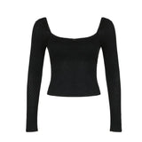 Solid Color Square Neck Lace Trim Bow TeeOutfit