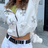 Rhinestone Skeleton Hoodies Women Gothic Black Zip Up Oversized Sweatshirts Female Retro Harajuku Hooded Jacket