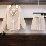Summer Women Three piece sets Casual Linen Plaid Tops + Shorts Elastic Waist Wide Leg Pants Suit Set 3 Piece