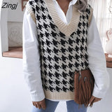 women's Houndstooth knit sweater vest autumn 2022 new loose V-neck sleeveless elegant fashion casual vest sweaters