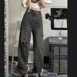 And Winter Women Bottoms Black Vintage Fashion High Waist Jeans Ripped Baggy Wide Leg Pants Street Straight Denim