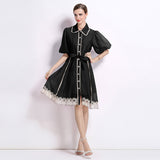 New Famous Summer Retro Collar Single Buckle Lace Lantern Sleeve